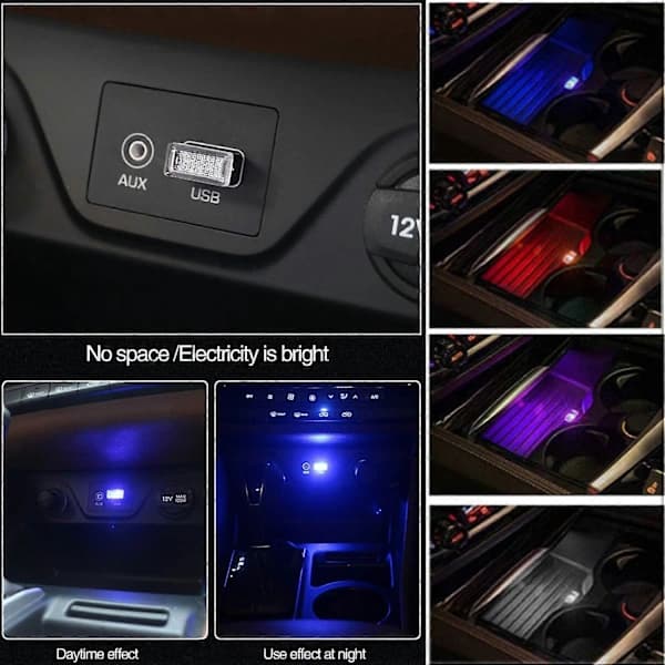USB LED bilinteriør atmosfærelys, 7-pakning plug-in 5V universelle mini LED USB-lys for bilinteriør bagasjerom.