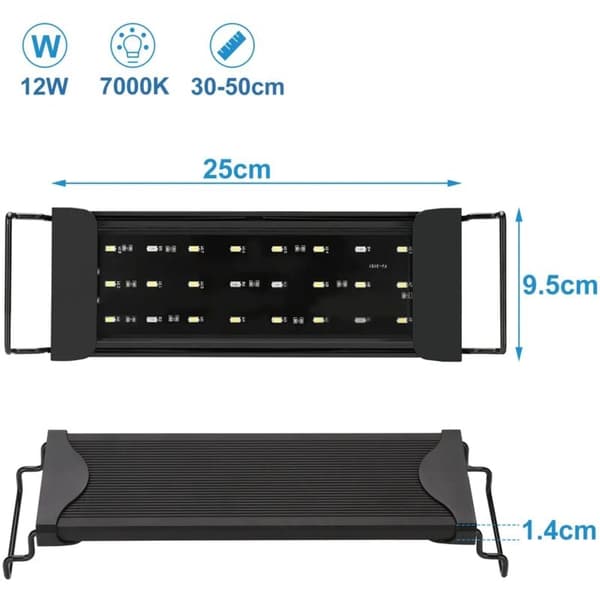 12W LED Akvariumbelysning Universell Passform Ytlampa med Timer, 30-50cm