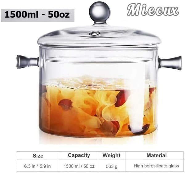 Glass Pot with Lid - 1.5 L | Heat Resistant Handles - Double