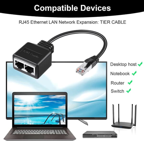 RJ45 Splitter Adapter, RJ45 Kobling, LAN RJ45 Ethernet Splitter 1 til 2 Kabeladapter, Splitter Adapter
