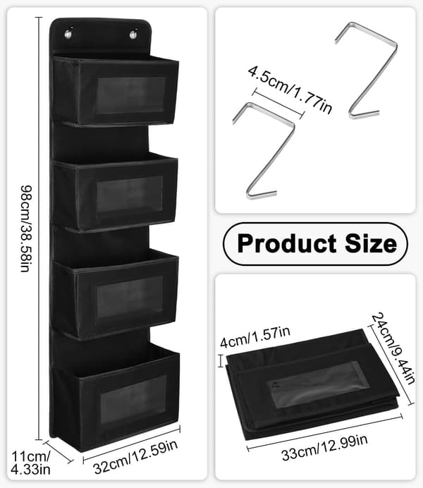 Hanging Shelf, Door Hanger with 4 Compartments, Hanging Storage, Organizer, Hangs on Door or Wall, Black