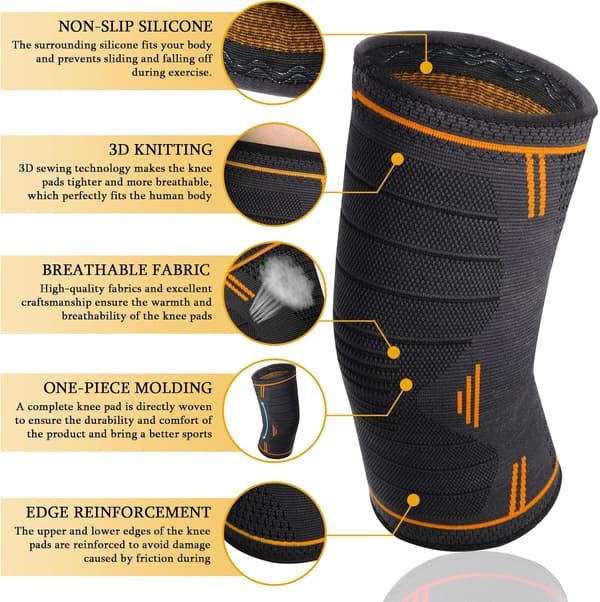 Orange Sports Knee Pads, 2 Pack Adjustable Elastic Knee Braces, Pa