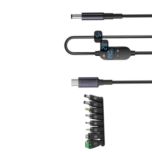Type-C til DC justerbart spændingskabel med 8 adaptere og grøn ærme, 140W PD3.1, 6 spændingsniveauer, 7A udgang