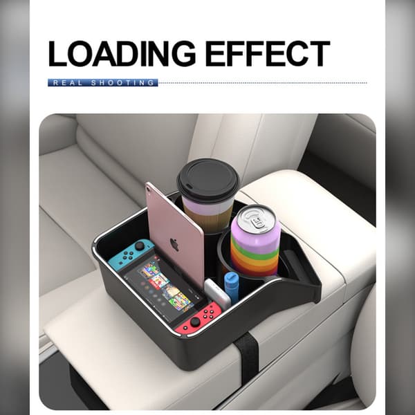 Car Armrest Storage Box: Double Cup Holder and Multiple Compartments for Commuting, Family Trips, and Carpooling, Phone Support, ABS Black, 18cm x 21.5cm x