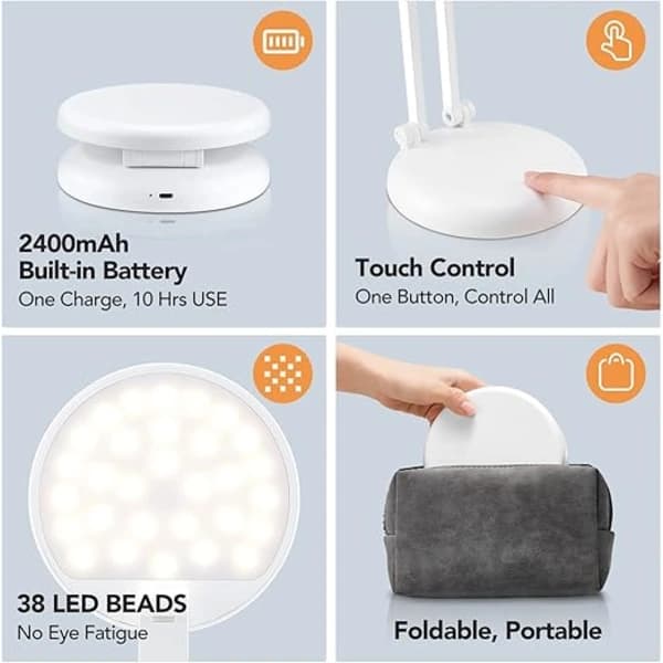 1 foldbar LED-skrivebordslampe, trådløs, genopladelig, hvid