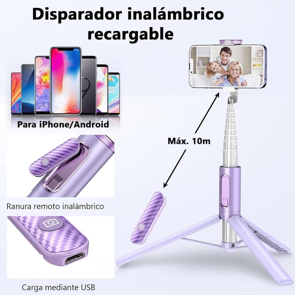 153 cm Selfie Stick Tripod for Mobile Phone, Upgraded 360° Rotating Retractable Mobile Stand, Purple