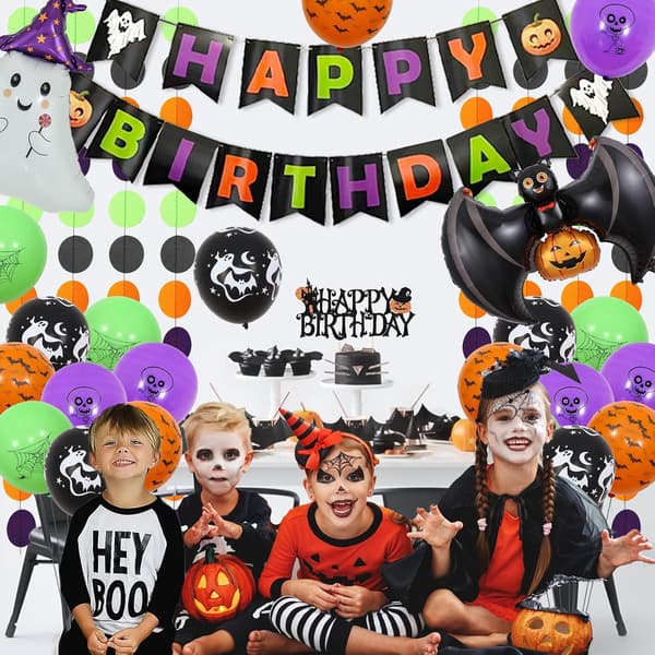 Halloween Birthday Decorations for Kids - Printed Balloons, Banner