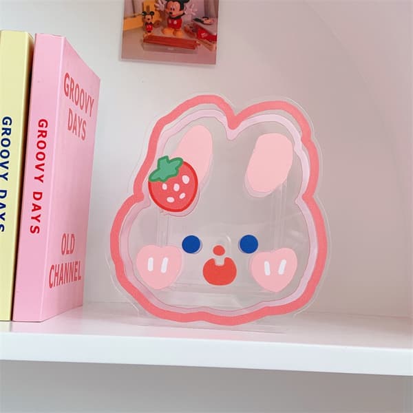 Transparent Pen Holder Multifunctional Cute Cartoon Acrylic Makeup Brush Storage Case for Office Desk Dressing Table Strawberry Rabbit
