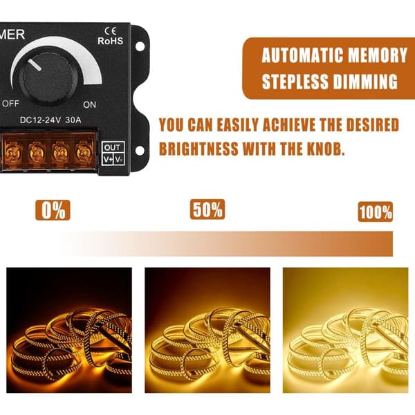 LED Rotary Dimmer Switch Dæmpningskontrol DC 12V-24V 30A PWM Dæmperknap til Justering af Lysstyrke (2-pak)