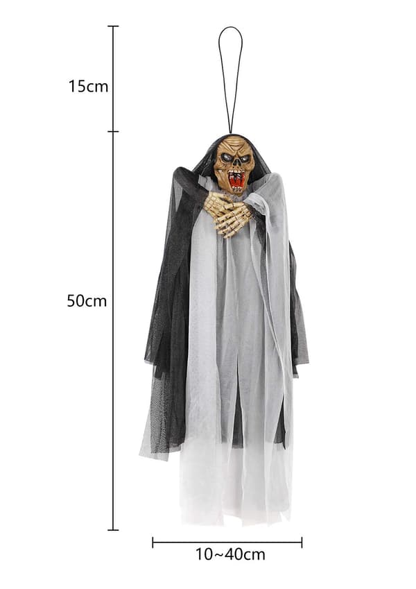 20\" Scary Halloween Hanging Ghost with Spooky Scream and Glowing LED Red Eyes (Black)