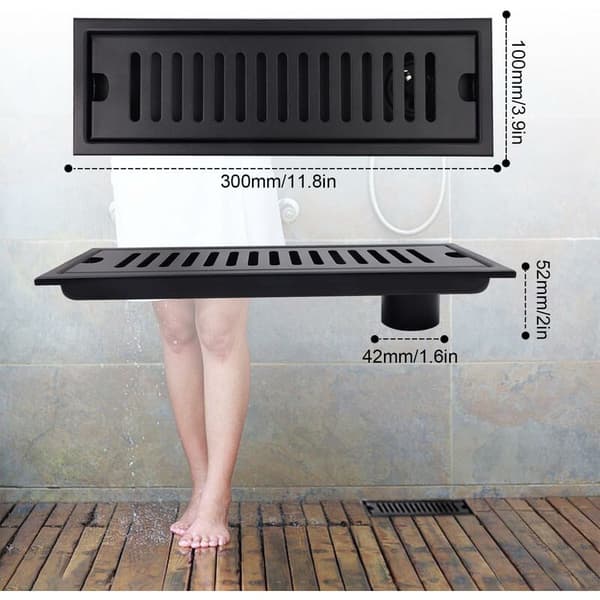 Rectangular Floor Drain 30x10cm Shower Drain Black Floor Drain with Stainless Steel Grate Suitable for Toilet, Bathroom, Kitchen, Balcony