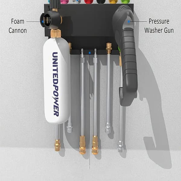 Wall-Mounted Foam Cannon Holder with Quick Connect, Pressure Washer Nozzle Organizer, Silver