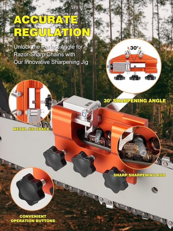 Chainsaw Chain Sharpener, Hand Crank Tool with 5 Grinding Heads, 30° Positioning, for Chainsaw Maintenance, Yellow