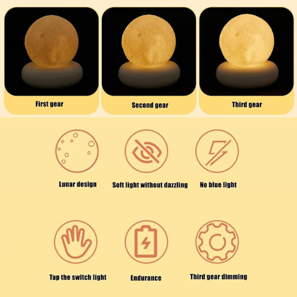 3D Moon Lamp Night Light with Touch Control USB Charging, Decorative Table Lamp for Bedroom