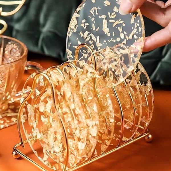 Coasters, 6 transparent round coasters with gold foil, coffee cup mats, non-slip cup mats