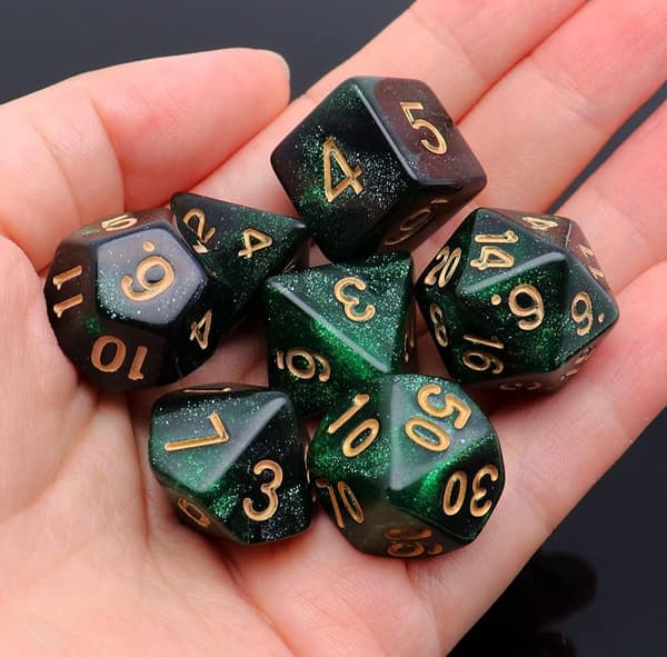 Flersidet DND Terningesæt Glitterterninger til Dungeons and Dragons RPG Grønne Blandede Sorte Nebulafarvede Terninger