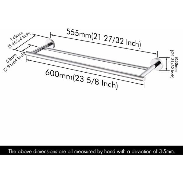 Dobbelt håndklædestang i rustfrit stål til badeværelse eller køkken, rustfri poleret finish 60 cm sølv KLB