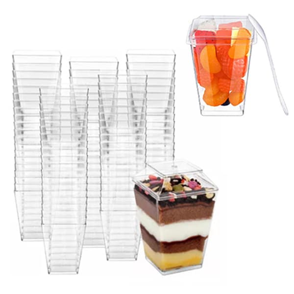 Clear Dessert Cups with Lids, Reusable, Trapezoidal, Transparent, Easy to Clean, Parfait Appetizer Cup for Fruit Ice Cream