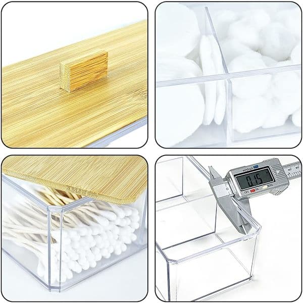 Akryl Q-tips holder dispenser med trelokk, 3 rom bomullspinneholder