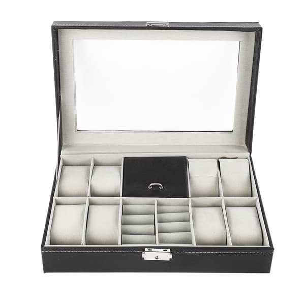 Watch Jewelry Box 8 Compartments Watch Box Case 2 Compartments Ring Lockable PU Leather Watch Storage Box with Glass Lid