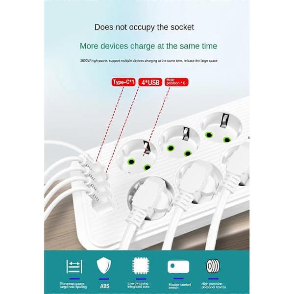 EU Grenuttak Multikontakt 6 AC-uttak Strømuttak med 4 USB 1 Type-C Overspenningsvern Hurtiglading EU-plugg Svart