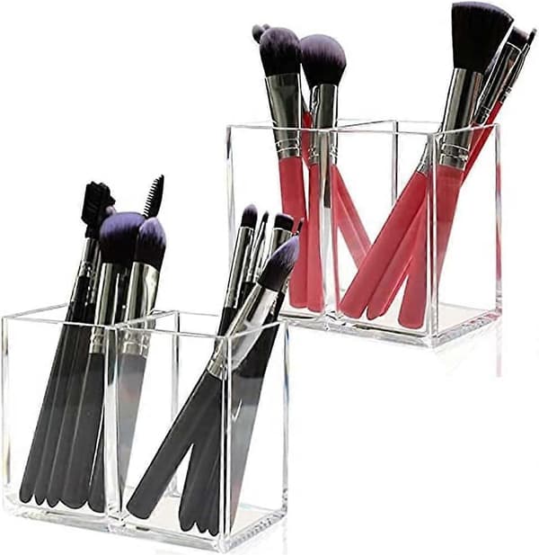 Makeup Brush Holder, Acrylic Pen Holder, 2 Compartment Desk Organizer, Clear Acrylic