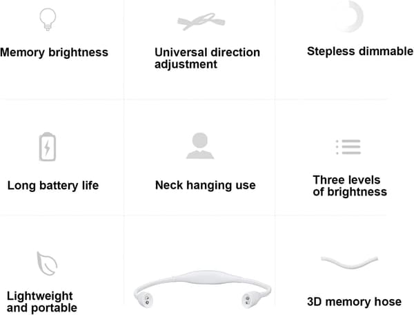 Neck Light, USB Rechargeable 3 Brightness Levels 360° Flexible LED Reading Light for Running/Reading/Studying (White)