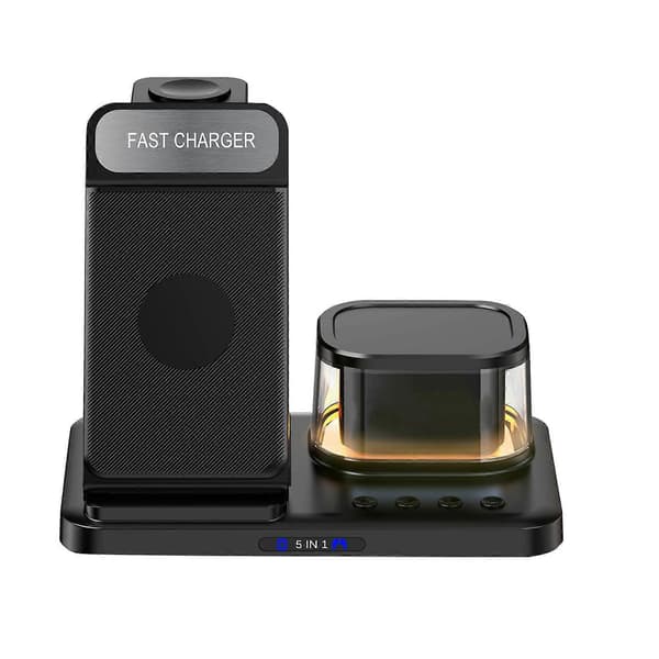 Wireless Charging Station with Digital Alarm Clock, Multi-Device Charging Station, 15W Wireless Charger, Stand for IOS and Android