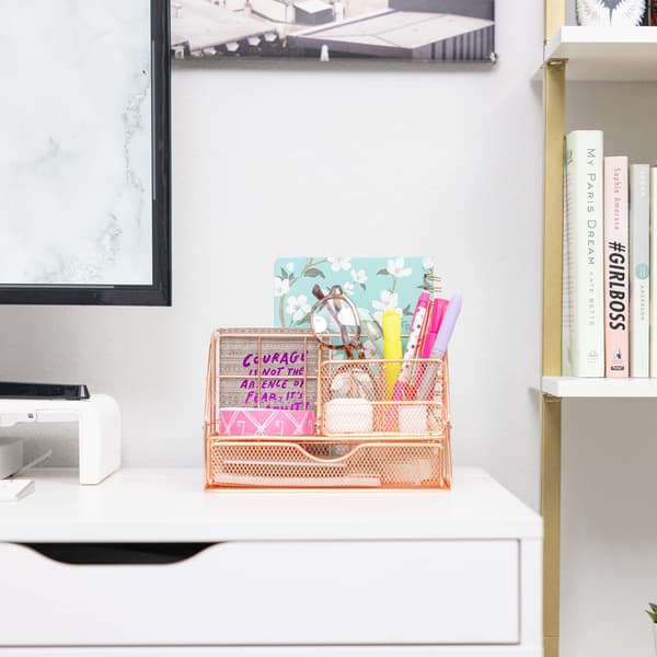 Drawer Organizer, Desk Stand with 5 Compartments, Rose Gold