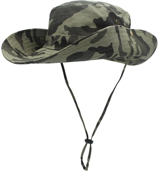 Camouflage solhat med bred skygge og justerbar hagerem