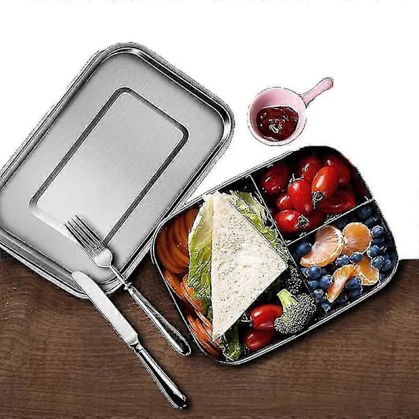Bento Box Matboks i Rustfritt Stål med 3 Rom, Bento Matboks for Smørbrød og To Sideretter, Matbeholder