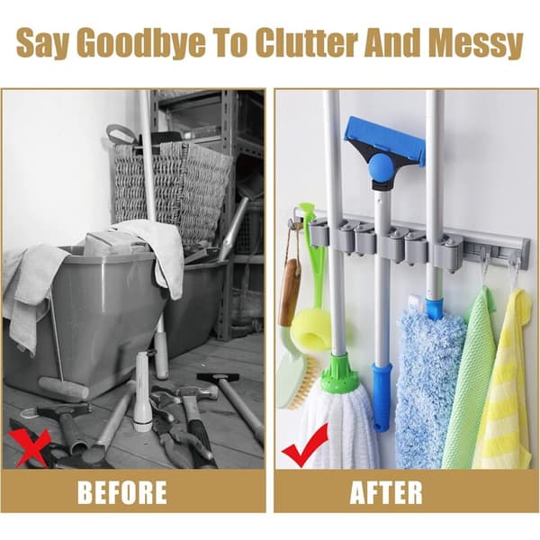 Wall Mounted Mop and Broom Holder with 3 Slots and 4 Hooks, Multifunctional Storage Hanger