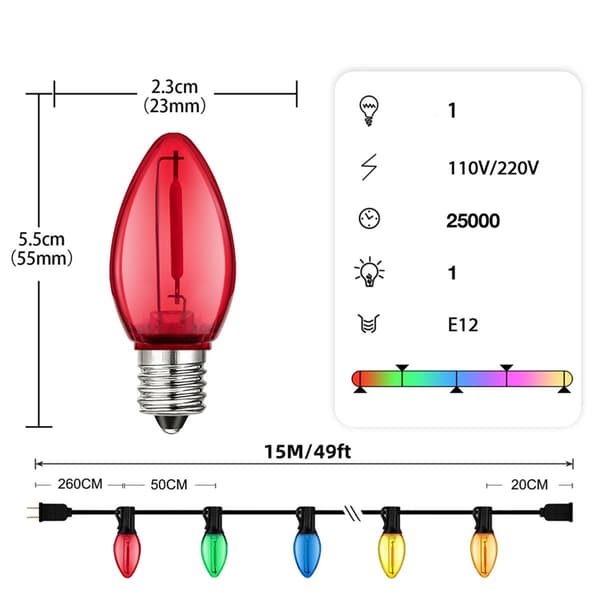15M 25 LED-jouluvalot 1 varalampulla - Monivärinen, vedenpitävä