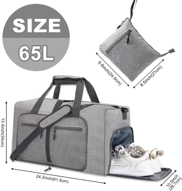 65L Foldable Waterproof Weekend Travel Bag with Shoe Compartment and Belt for Men Grey