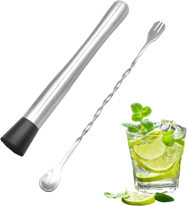 Cocktail Muddler i rustfrit stål, med 1 røreske, Cocktail Shaker Sæt, Bar Værktøjssæt