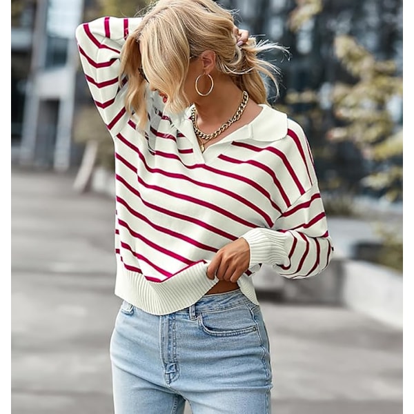Dame Cardigan Genser Jumper Stripete Langermet Høst Vinter Streetwear Rød Red M