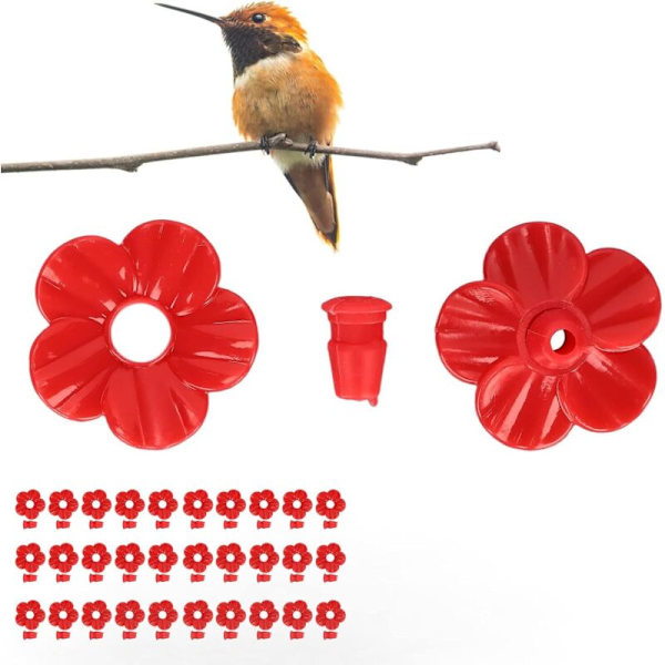 30 stk. kolibrifoder erstatningsblomster, kolibrifoder plastdele, kolibrifoder reservedele i lyse farver (rød)