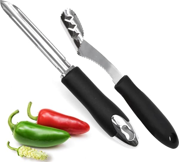 Jalapeno Pepper Corer, 2 deler, rustfritt stål med gummihåndtak
