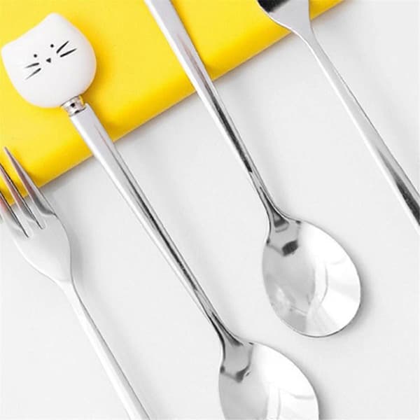 Cute Cat Coffee Spoon and Fork Set, Ceramic Stainless Steel Cat Dessert Spoon Drinking Spoons Fruit