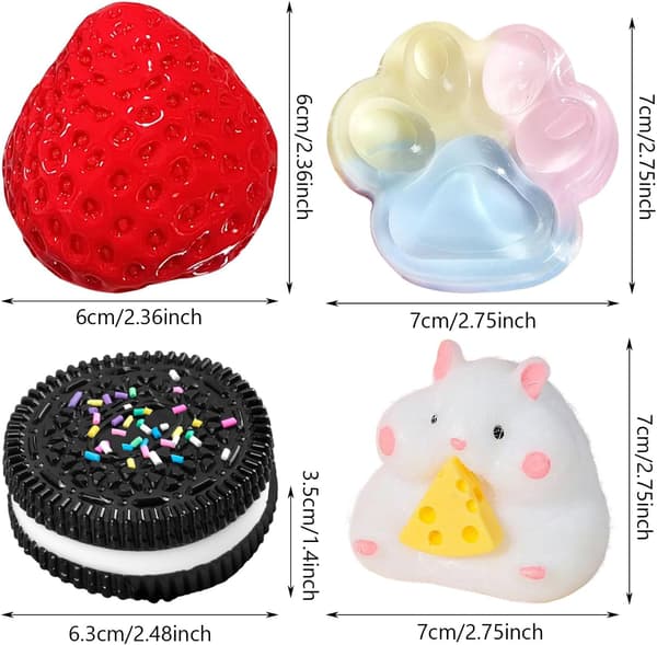 4 stk Taba Squishy Sæt, Jordbær + Hamster + Kattepote + Hamster + Oreo, Fufu Squishy Squishe Legetøj Stresslindring-FX-