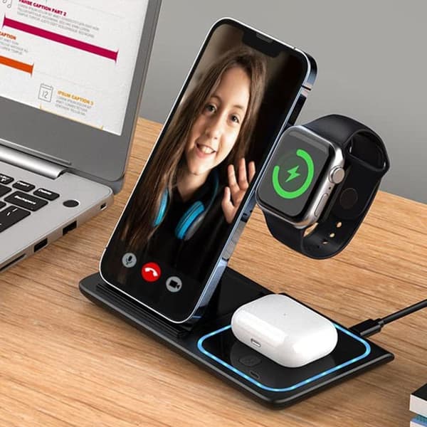 3 i 1 induktiv opladningsstation trådløs oplader til Apple Sort
