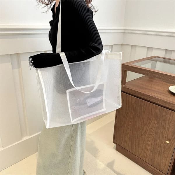 Transparent Strand Nylonväska Mesh Handhållen Shoppingväska VIT Vit