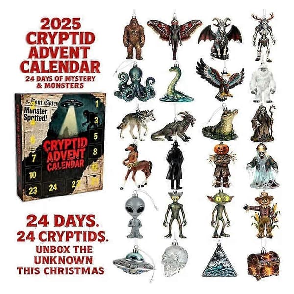 Kryptid Julekalender 2025, 24 Dager med Monsterlegender, 2D Akryl Mystiske Monsterpynt til Julegave
