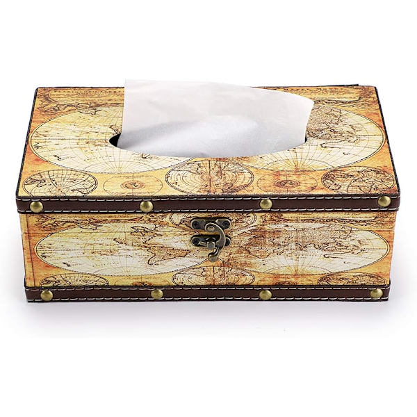 Retro Tissue Box Holder, Tissue Organizer Rektangulær Træ + PU Tissue Box Cover (Gul Kort)