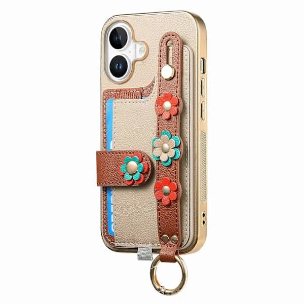 Telefoncover til iPhone 16 Plus, med SIM-kortplads, læderbagside og 3D-blomsterarmbånd - Khaki.