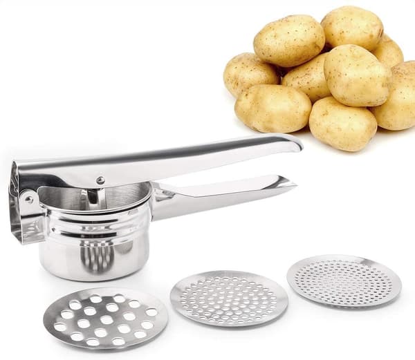 Potato Masher - Stainless Steel Potato Press, Hand Press Puree Fruit Vegetable Press with 3 Interchangeable Discs (Silver)
