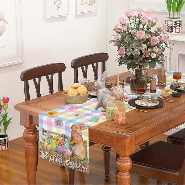 Linen Easter Tablecloth Passalia Tablecloth with Rabbit Decoration and Ribbon, Plaid Easter Tablecloth (FMY)