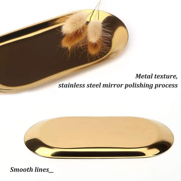 Gullbrett Ovalt Brett Rustfritt Stål Metall Oppbevaringsbrett for Snacks