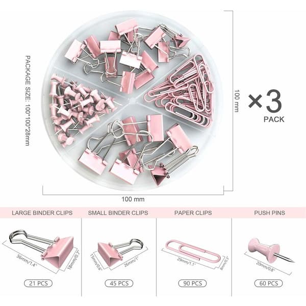Small Staple and Paperclip Set with 216 Pins for Office School in Various Sizes Pink