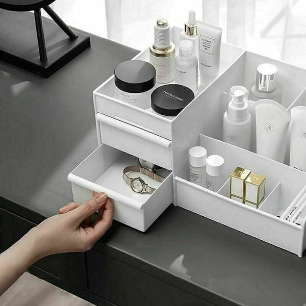 Desktop Cosmetic Storage Box with Drawers, 28.5 x 18 x 13 (White)